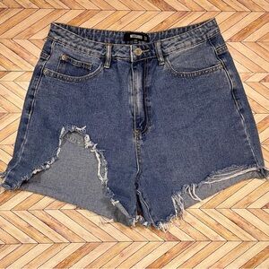 Missguided Blue Distressed Denim High Waisted Busted Jean Shorts